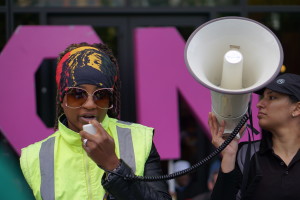 Shantel Boston, traffic control aid for the City of Chicago, speaks at the Fight for 15 National Day of Action.