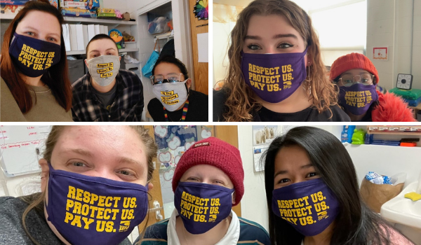 SEIU Local 73 members at JCC don "Respect Us, Protect Us, Pay Us" masks at their workplace.