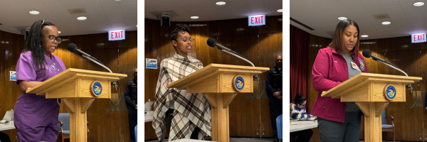 Photo of SEIU Local 73 members Nicole Butler, Jasmine Longstreet, and Yolanda Woods, testifying before the Joint Finance and Health and Hospital Committee meeting.